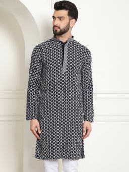 SOJANYA - Men Cotton Contrast Embroidered Sequinned Grey Long Kurta