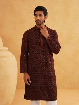 SOJANYA - Men Cotton Contrast Embroidered Sequinned Maroon Long Kurta