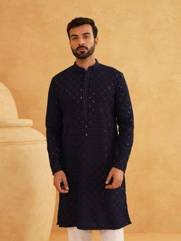 SOJANYA - Men Cotton Contrast Embroidered Sequinned Navy Blue Long Kurta