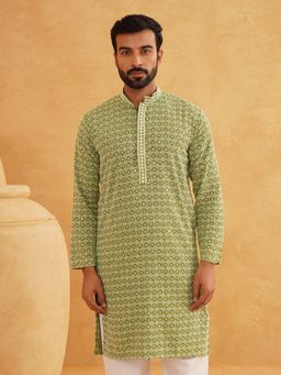 SOJANYA - Men Cotton Contrast Embroidered Sequinned Pista Long Kurta