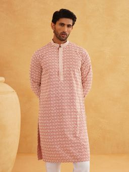SOJANYA - Men Cotton Contrast Embroidered Sequinned Peach Long Kurta