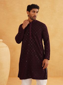 SOJANYA - Men Cotton Contrast Embroidered Sequinned Purple Long Kurta