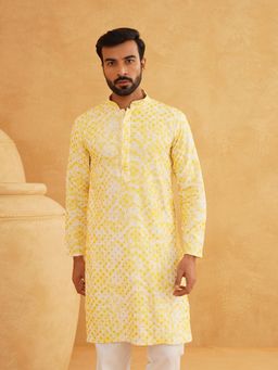 SOJANYA - Men Cotton Gold Sequinned Embroidered White and Yellow Kurta