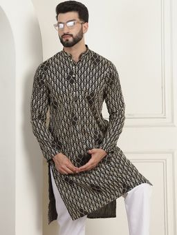 SOJANYA - Men Cotton Gold Thread Embroidered Black Long Kurta