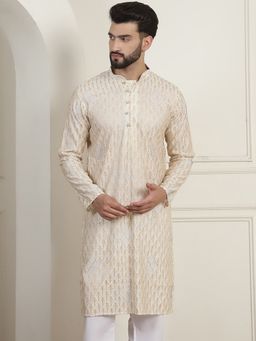 SOJANYA - Men Cotton Gold Thread Embroidered Cream Long Kurta