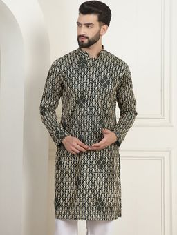 SOJANYA - Men Cotton Gold Thread Embroidered Green Long Kurta