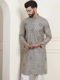 SOJANYA - Men Cotton Gold Thread Embroidered Light Grey Long Kurta