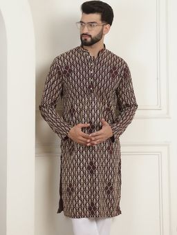SOJANYA - Men Cotton Gold Thread Embroidered Wine Long Kurta