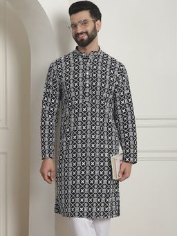 SOJANYA - Men Cotton Embroidered Gold Sequinned Black Long Kurta