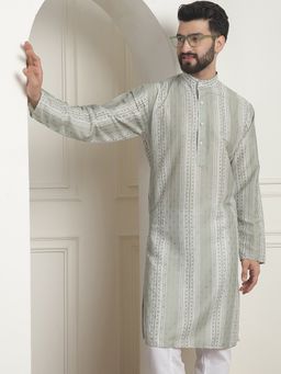 SOJANYA - Men Cotton Silk Printed Pista Green Long Kurta