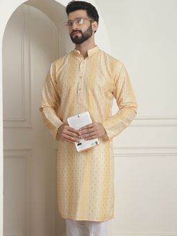 SOJANYA - Men Cotton Silk Printed Mustard Long Kurta