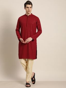 SOJANYA - Men Pure Cotton Maroon Sequence Long Kurta