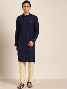 SOJANYA - Men Pure Cotton Navy Blue Sequence Long Kurta