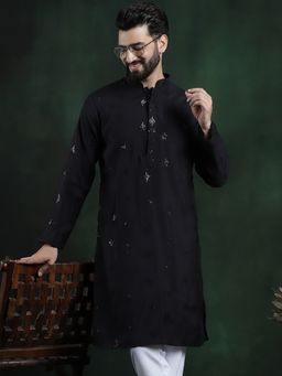 SOJANYA - Men Cotton Silk Sequinned Neck Embroidered Black Long Kurta