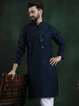 SOJANYA - Men Cotton Silk Sequinned Neck Embroidered Teal Long Kurta