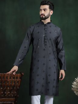 SOJANYA - Men Cotton Silk Sequinned Neck Embroidered Dark Grey Kurta