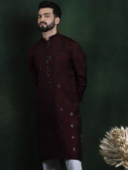 SOJANYA - Men Cotton Silk Sequinned Neck Embroidered Wine Long Kurta