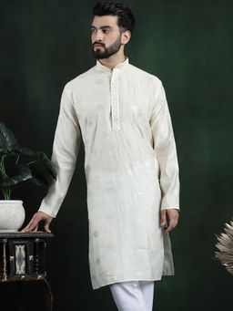 SOJANYA - Men Cotton Silk Sequinned Embroidered Cream Long Kurta