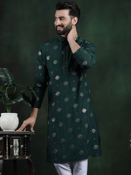 SOJANYA - Men Cotton Silk Sequinned Embroidered Green Long Kurta