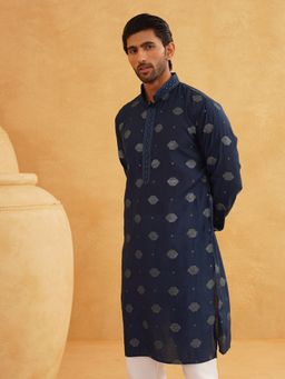 SOJANYA - Men Cotton Silk Sequinned Embroidered Navy Long Kurta