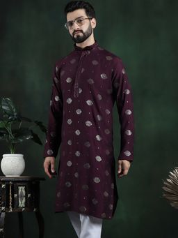 SOJANYA - Men Cotton Silk Sequinned Embroidered Wine Long Kurta