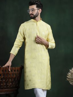 SOJANYA - Men Cotton Silk Sequinned Embroidered Yellow Long Kurta