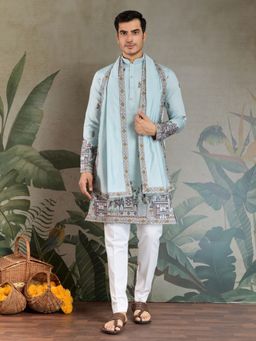 Odette - Sky Blue Viscose Silk Embroidered Stitched Kurta