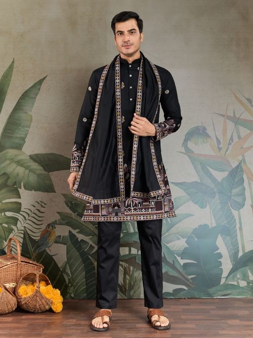 Odette Black Viscose Silk Embroidered Stitched Kurta