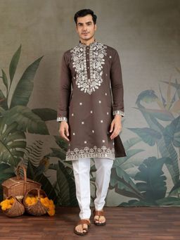 Odette - Brown Viscose Silk Embroidered Stitched Kurta