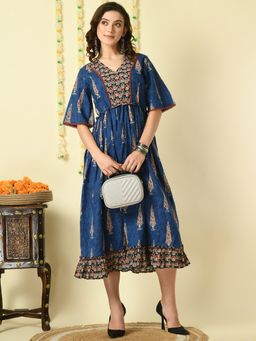 MYSHKA - Women Blue Printed Cotton Party Dress