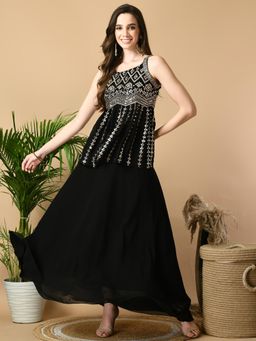 MYSHKA - Women Black Georgette Top with Skirt (Set of 2)