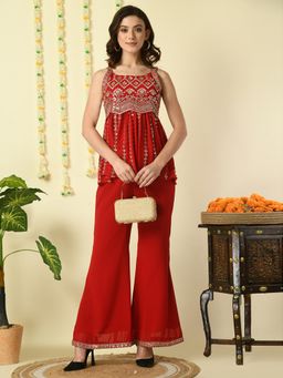MYSHKA - Women Red Georgette Top with Palazzo (Set of 2)