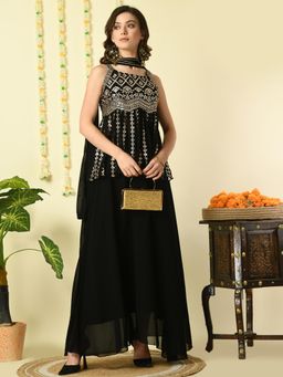 MYSHKA - Women Black Georgette Top and Skirt with Dupatta (Set of 3)