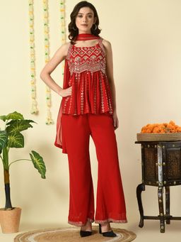 MYSHKA - Women Red Georgette Top and Palazzo with Dupatta (Set of 3)