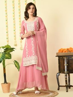 MYSHKA - Women Pink Georgette Kurta and Skirt with Dupatta (Set of 3)