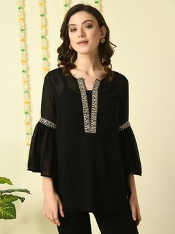 MYSHKA - Women Black Embroidered Party Fusion Tunic