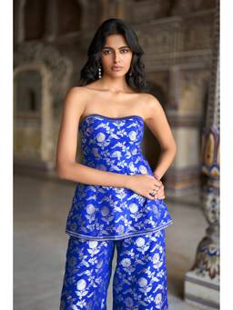 dash and dot - Blue Benares Brocade Peplum Corset Top