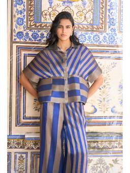 dash and dot - Blue Benares Tissue Striped Peplum Shirt