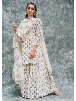 House of Pink - Off White Chanderi Floral & Printed Kurta Sharara & Dupatta (Set of 3)