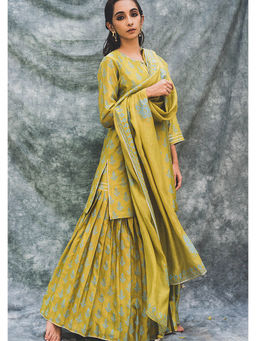 House of Pink - Olive Chanderi Floral & Printed Kurta Sharara & Dupatta (Set of 3)