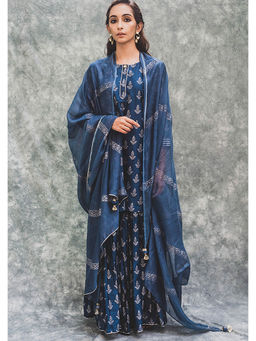 House of Pink - Navy Blue Chanderi Floral & Printed Kurta Sharara & Dupatta (Set of 3)
