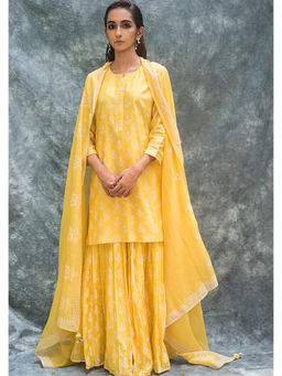 House of Pink - Yellow Chanderi Floral & Printed Kurta Sharara & Dupatta (Set of 3)