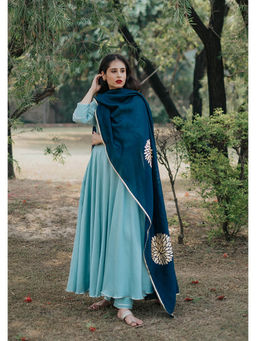 House of Pink - Blue Chanderi Solid & Gota Anarkali Kurta Pant & Dupatta (Set of 3)