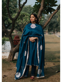 House of Pink - Teal Chanderi Solid & Gota Anarkali Kurta Pant & Dupatta (Set of 3)