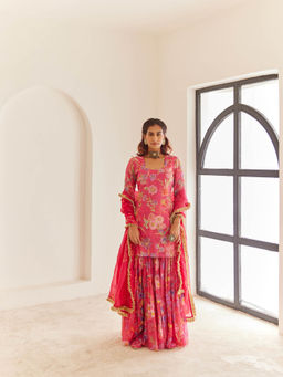 House of Pink - Chanderi Floral & Embellished Kurta Sharara & Dupatta (Set of 3)