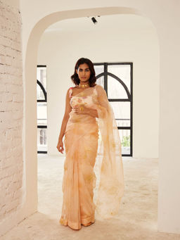 House of Pink - Peach Chanderi Floral & Embroidered Saree with Stitched Blouse