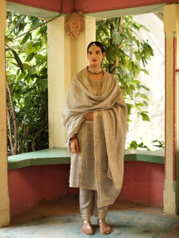 House of Pink - Grey Chanderi Embroidered & Embellished Kurta Pant & Dupatta (Set of 3)