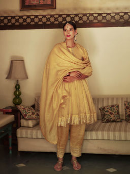 House of Pink - Mustard Chanderi Embellished Anarkali Kurta Pant & Dupatta (Set of 3)
