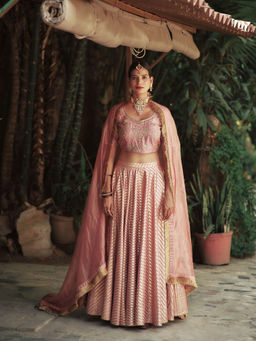 House of Pink - Chanderi Stripes & Embroidered Lehenga Choli & Dupatta (Set of 3)