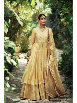 House of Pink - Yellow Chanderi Embroidered & Embellished Kurta Lehenga & Dupatta (Set of 3)